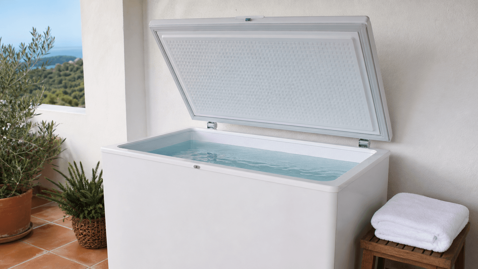 Baño de hielo doméstico con agua clara y limpia en una terraza cubierta, listo para usar