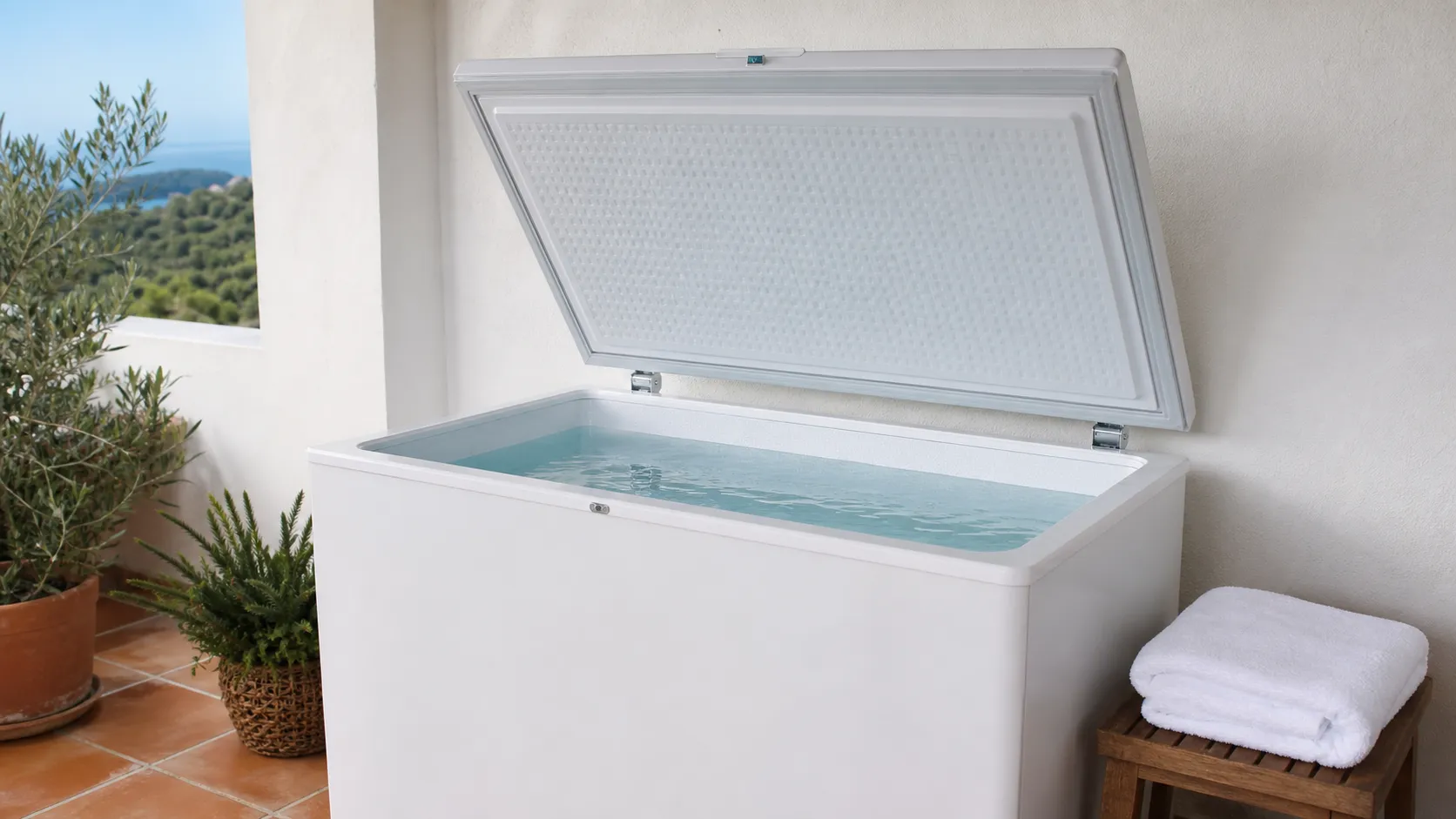 Baño de hielo doméstico con agua clara y limpia en una terraza cubierta, listo para usar