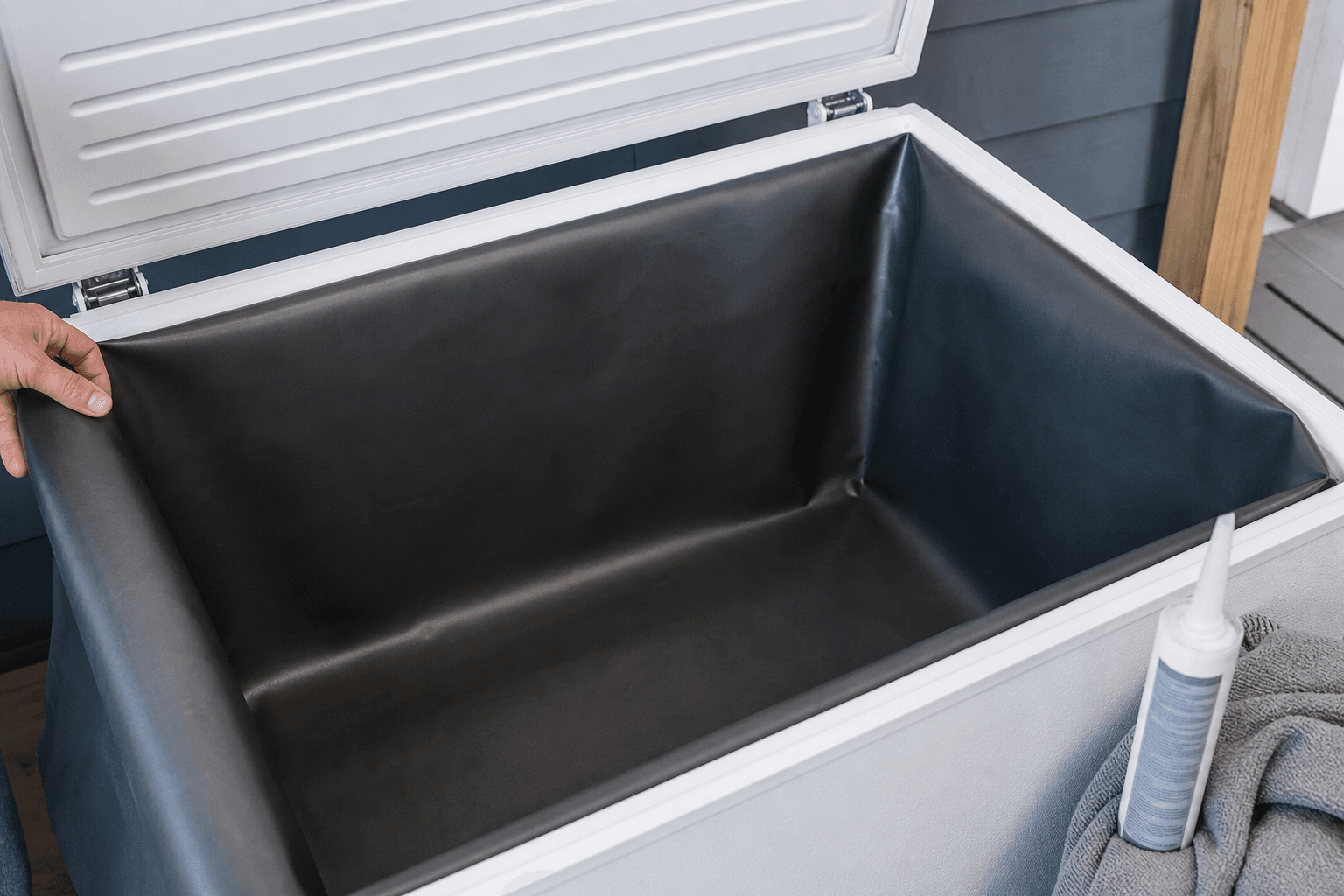 Interior de un arcón congelador forrado con una lámina impermeable oscura, colocada como liner para aislar el agua de la cuba