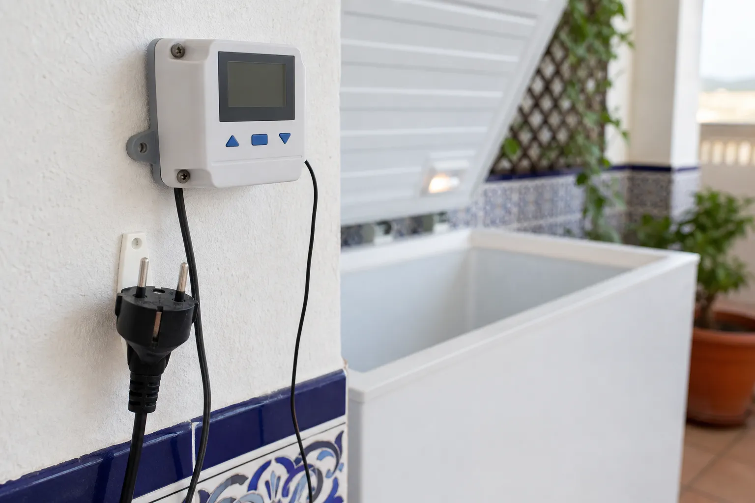 Controlador de temperatura junto a un arcón congelador abierto, con el enchufe europeo desenchufado y colocado en seco fuera de la bañera
